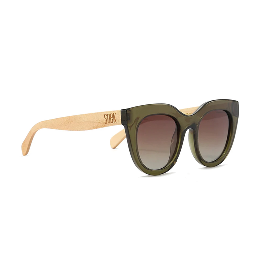 With oversized and dramatic proportions, our Milla sunglasses from Australian brand Soek are reminiscent of a cat eye style and are the perfect statement sunglasses to suit all face shapes. With a luxurious khaki toned frame and fitted with white maple wood arms, they love to strike a pose!