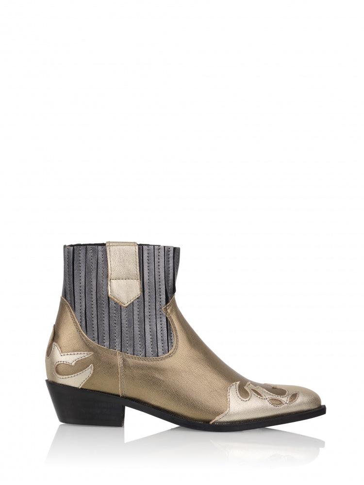 Introducing the Austin metallic leather Western Boot by shoe brand DWRS. This Western inspired style sits just at the ankle with cut out&nbsp;flame detail in a shiny metallic leather on the toe. On trend and super comfortable, these boots are an absolute wardrobe must have. They are true to size.