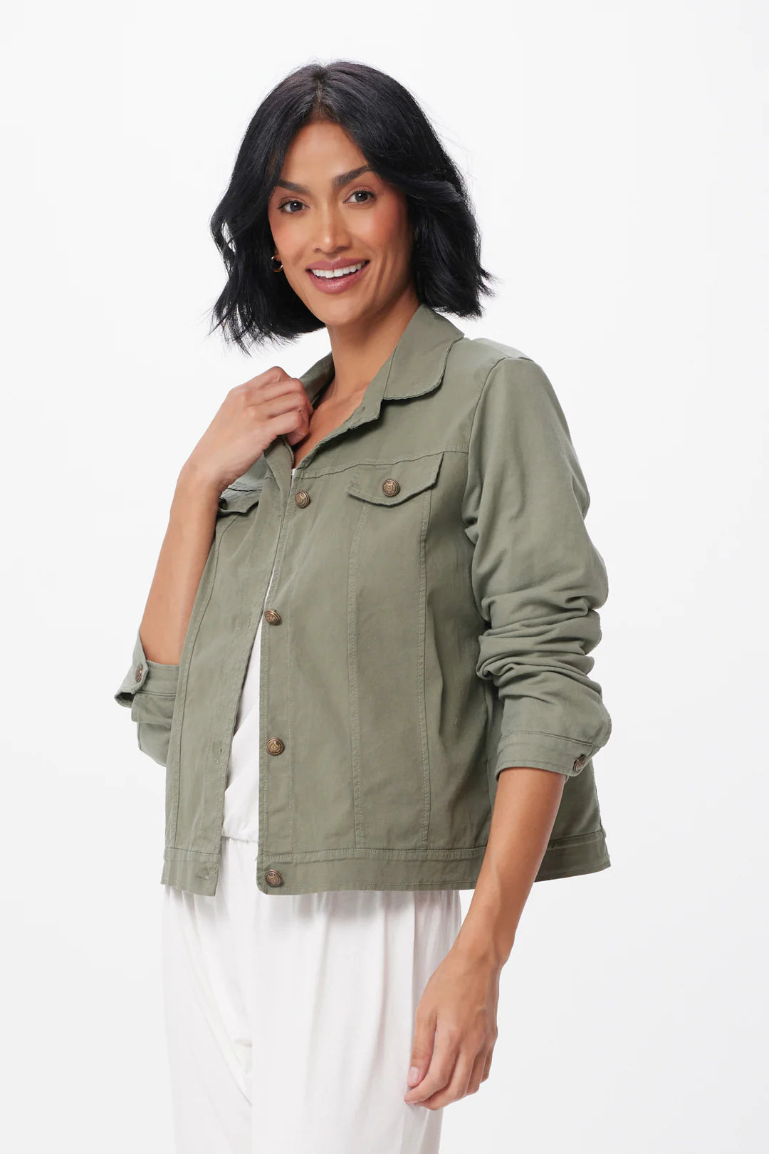 This military-inspired jacket from Suzyd radiates vintage vibes. The&nbsp;design has a distinctive structure with a soft jersey back, faux pockets and a frayed hemline. Perfect for Spring layering, day or night, it’s up to you. Fit is boxy but true to size.