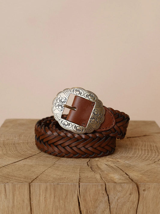 brown leather braided belt by Mos Mosh