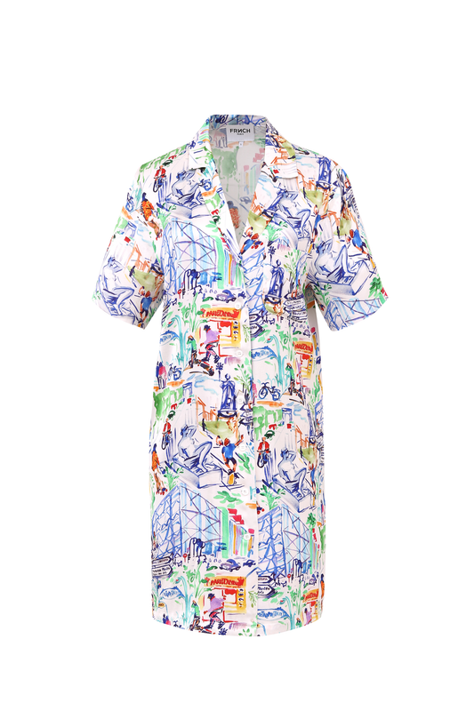 A beautiful summer dress from our favourite brand FRNCH. The brand always takes us by surprise with the new quirky prints and fabrics every season . What could be classed as a simple shirt dress is on another level with this stunning Parisienne themed print. A shorter length dress with short sleeves and a simple V neck shirt collar is a complete winner for this summer.