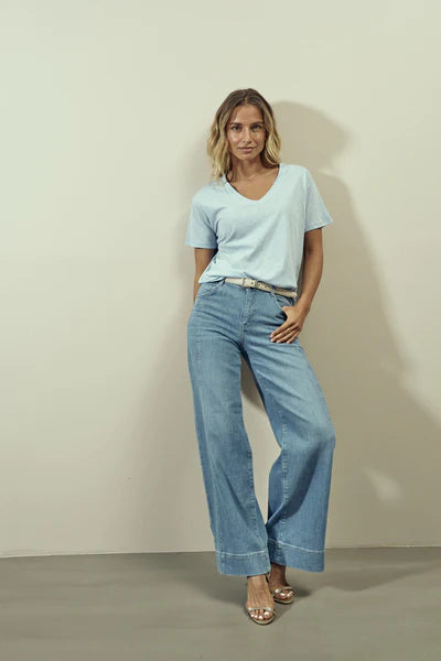 Mos Mosh MMReem wide leg jeans in super soft denim. Zip fly with single button to close. High waist for comfort . Standard five pocket jeans. Front seem on each leg . Fitted across the bottom and widen from top of the leg.