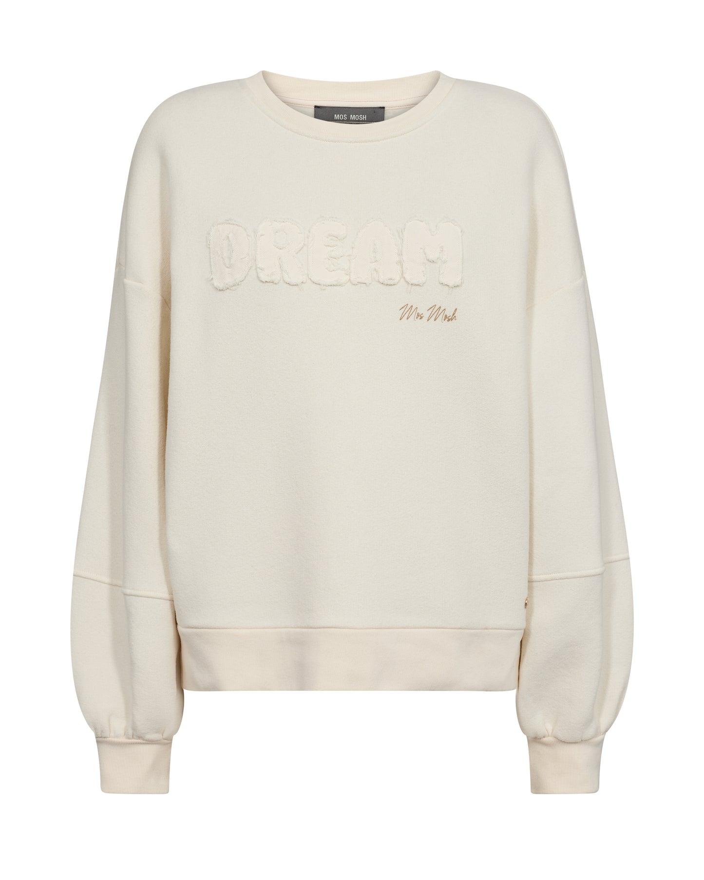 The Marit round neck sweatshirt from Danish brand Mos Mosh is a super on trend piece perfect for the transition from Summer to Autumn. This versatile piece has a DREAM slogan on the front in a textured fabric in the same colour with gentle fraying around the word. An easy classic basic for any capsule wardrobe. The fit is box but true to size.