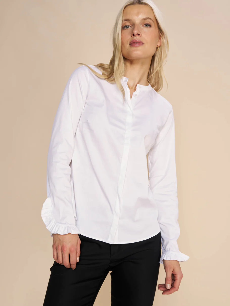 MMMattie Flip white button up shirt blouse with ruffled sleeve detail mos mosh