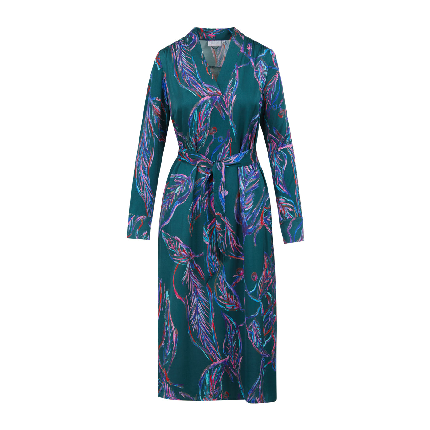 This stunning dress by&nbsp;Coster Copenhagen&nbsp;will be a super useful piece going from Summer to Autumn. It's luxurious feeling fabric is absolutely stunning. The print is in the most amazing shades of green and a pop of pink and red. The V neck is perfect for the fuller bust. It has longer sleeve with a deep cuff and a single button fastener. There is a simple tie belt but this piece can be worn loose without it. There are side pockets and small side splits. 