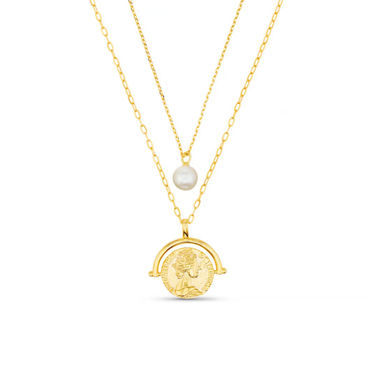 The Pearl & Medallion 2-Row Necklace is necklace stacking done right from ORELIA LONDON - and we've done the hard work for you. Featuring two simple gold chains, with a faux pearl drop and a medallion pendant on one lobster clasp for easy use.