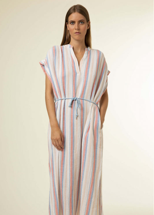 Generous fitting cheesecloth dress with dropped shoulder and tie belt