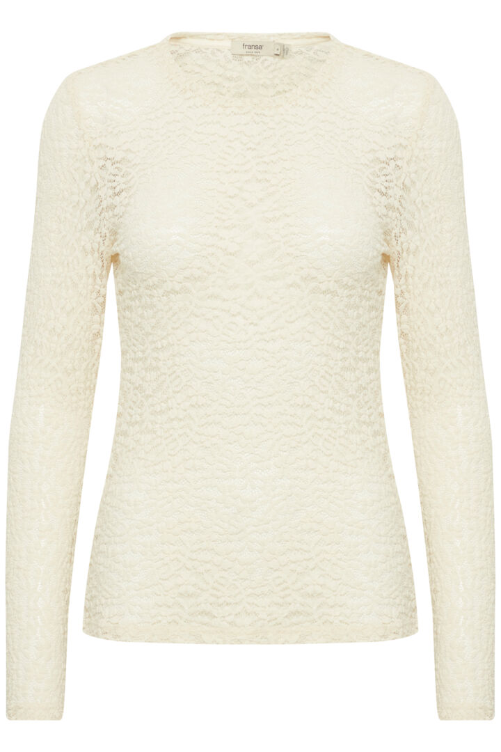 This stunning lace effect T shirt from Scandi brand Fransa is the perfect layering piece and at an incredible price point for quality ! It has a round neck and long sleeves and is in a stretchy fabric. Wear on it's own, over a camisole or as a layering piece for Autumn/Winter. Fit is true to size for a fitted top.