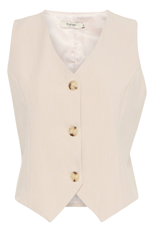 A gorgeous fitted waistcoat from our favourite Danish brand FRANSA. This chic piece is great worn with a wider leg trouser or a full skirt. The V neck flatters a bigger bust and the contrasting buttons add that point of difference. The fit is true to size.