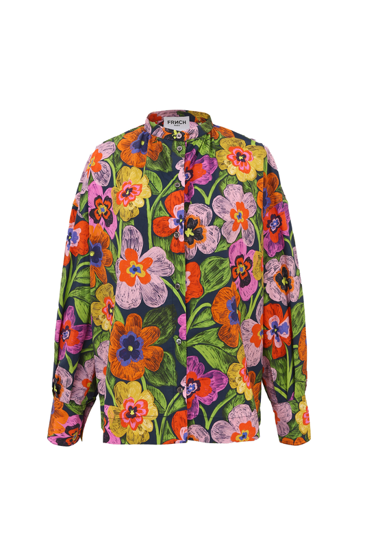 The Ariana blouse from French brand FRNCH is such a statement all on it's own. An oversized brightly printed shirt in a crisp cotton with a grandad style collar and contrasting buttons and slight gathers at the collar. The variety of colour in the fabric means it looks great with most colours and particularly with denim. The sizing is super generous even for an oversized piece.