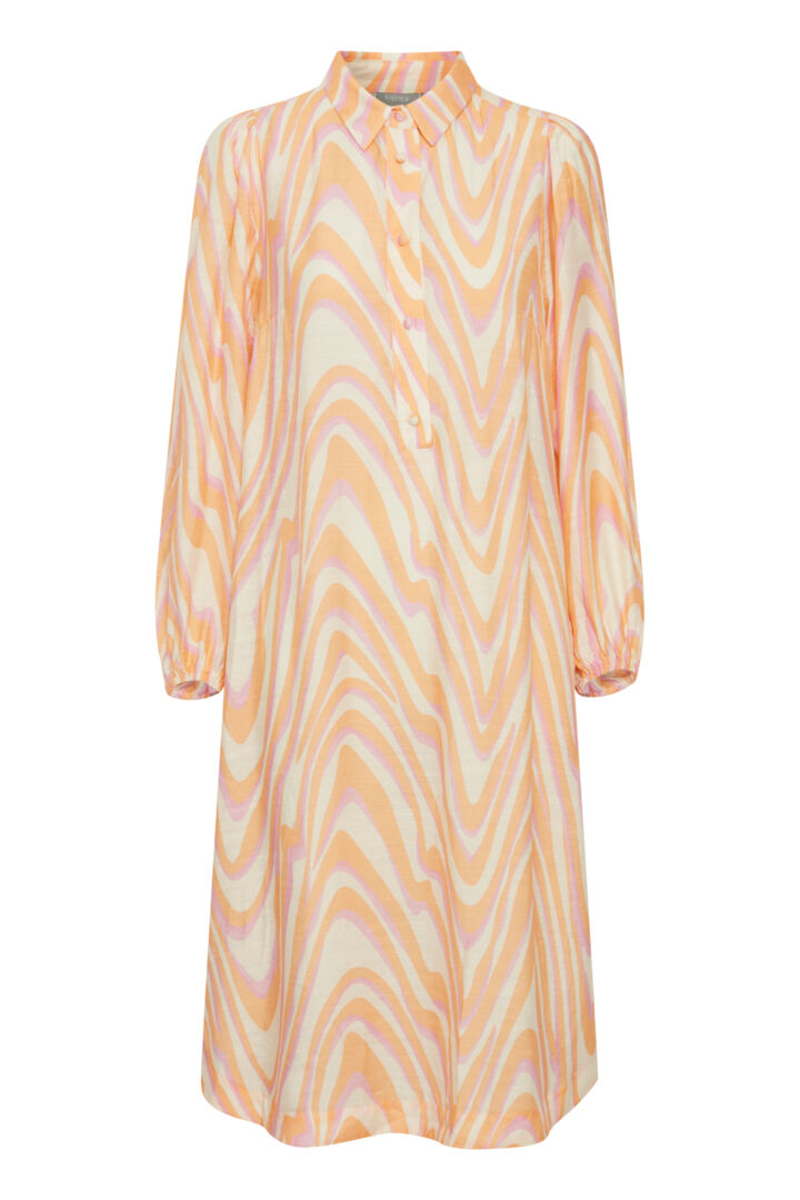 'Ariana' FRANSA midi-length, shirt dress, in cream and white/ apricot, peach fuzz colour, removable tie belt