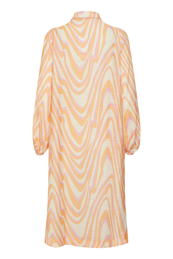 'Ariana' FRANSA midi-length, shirt dress, in cream and white/ apricot, peach fuzz colour, removable tie belt