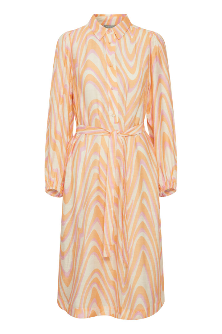 'Ariana' FRANSA midi-length, shirt dress, in cream and white/ apricot, peach fuzz colour, removable tie belt