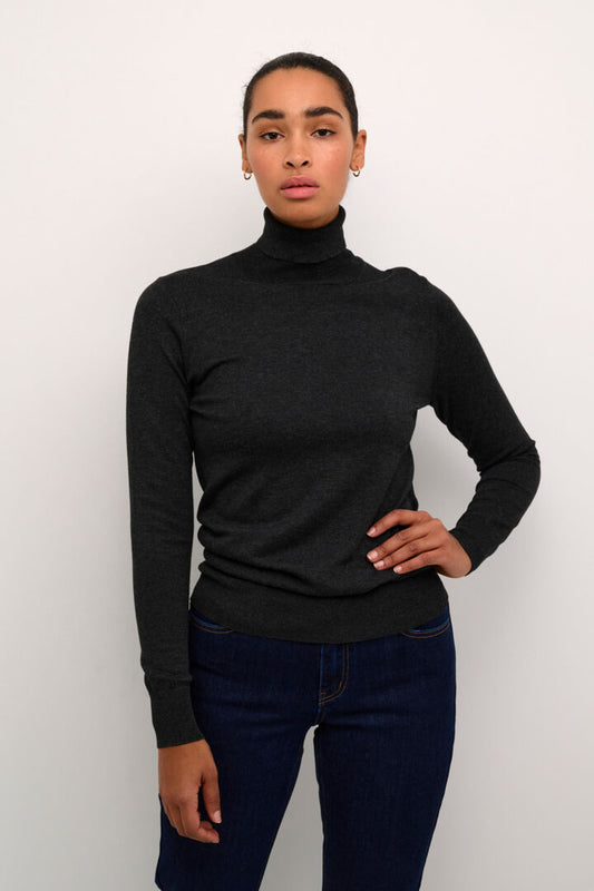 A simple roll neck jumper from Danish brand KAFFE in a fine non itch knit. This versatile piece is simple , practical but incredibly versatile. Long sleeves with ribbed cuffs and a ribbed fine polo neck. Fits true to size.