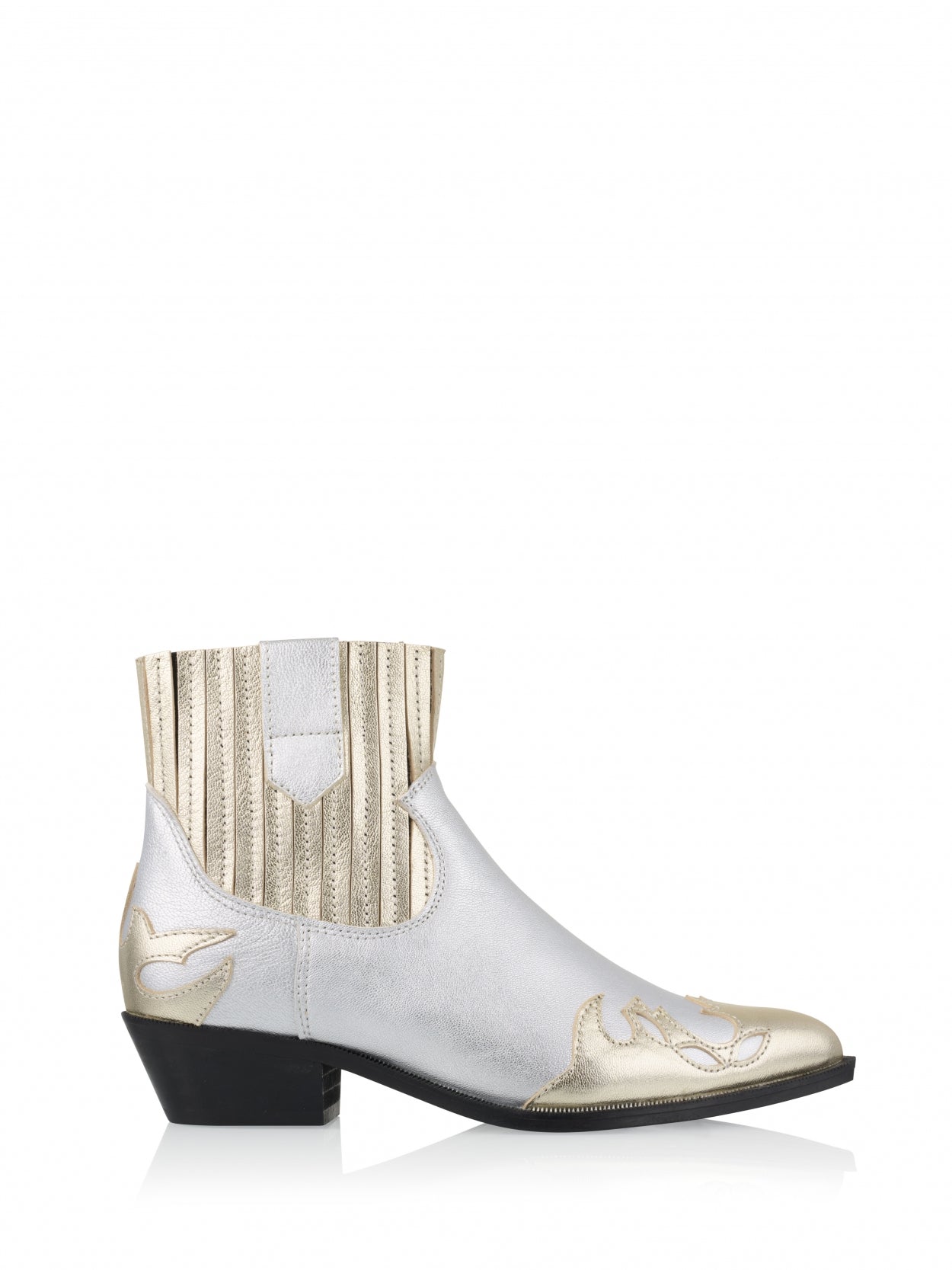 Introducing the Austin spring metallic leather Western&nbsp;Boot by shoe brand&nbsp;DWRS. This Western inspired style sits just at the ankle with cut out flame detail in a shiny metallic leather on the toe. On trend and super comfortable, these boots are an absolute wardrobe must have. They are true to size.