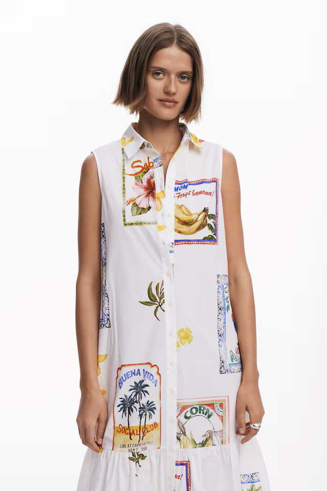 Sleeveless shirt dress in cotton with mixed Barcelona print detail