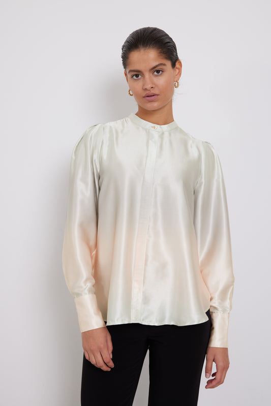 Blanca fading print ombre collarless shirt blouse by Bruuns Bazaar