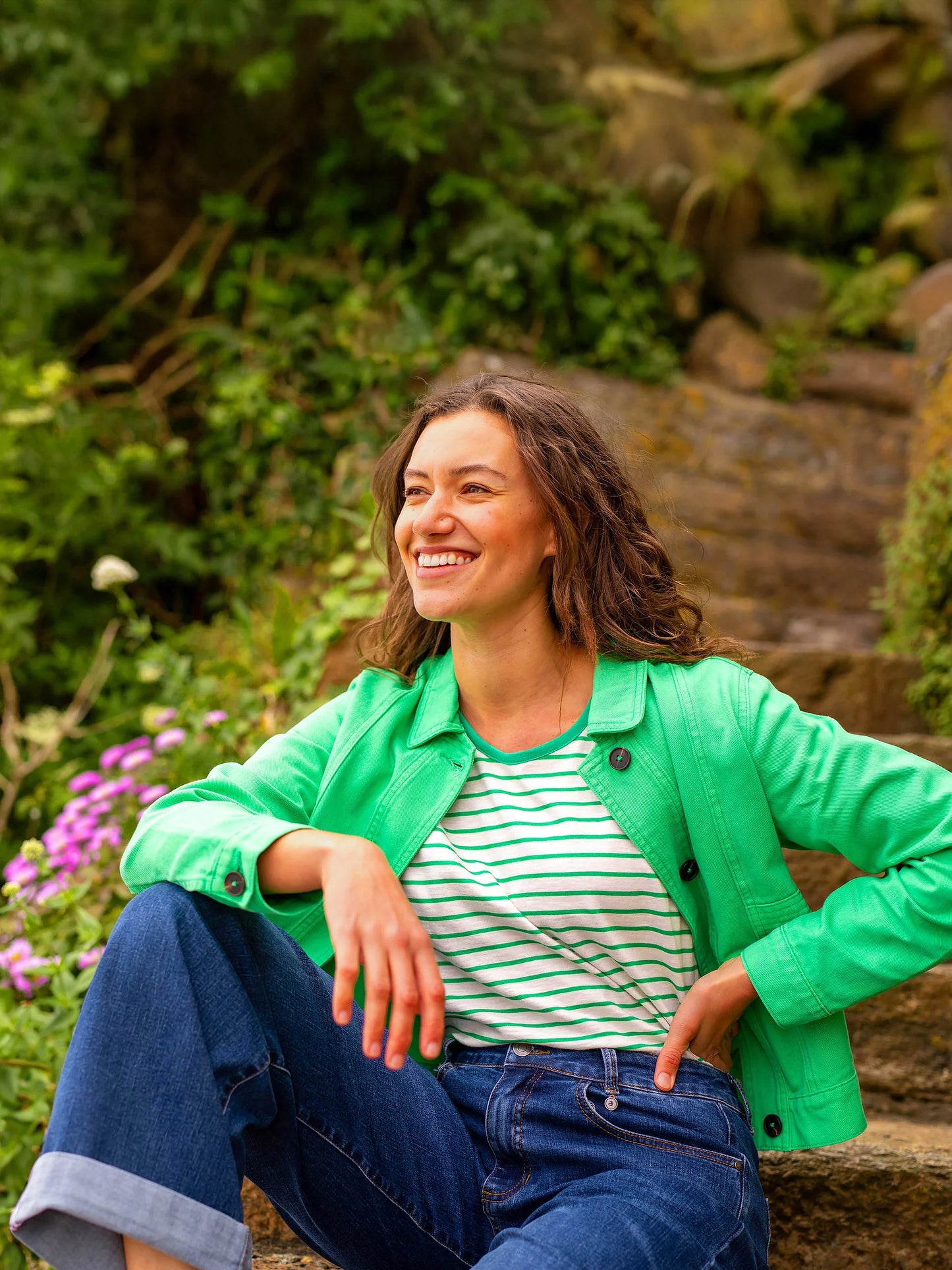 Channel earthy elegance with this striking green jacket from BRAKEBURN. The boxy shape and dark buttons create a bold yet balanced look, while its lightweight feel makes it a versatile layering piece. Style with a tiered skirt and chunky trainers for a weekend getaway to the countryside.