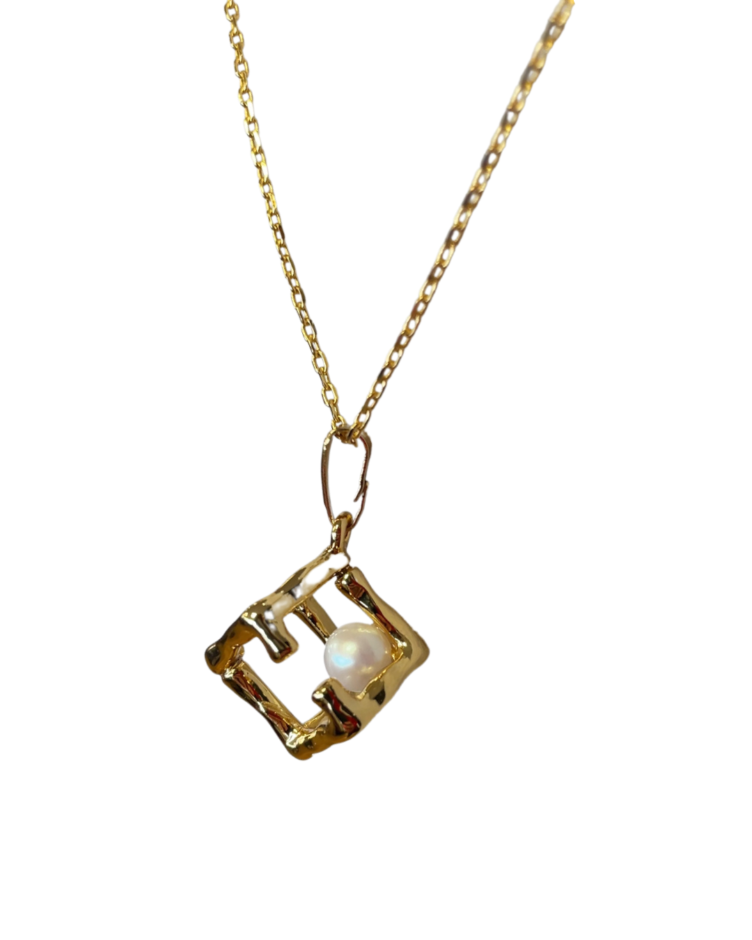 Fine chain with cube and exposed single pearl