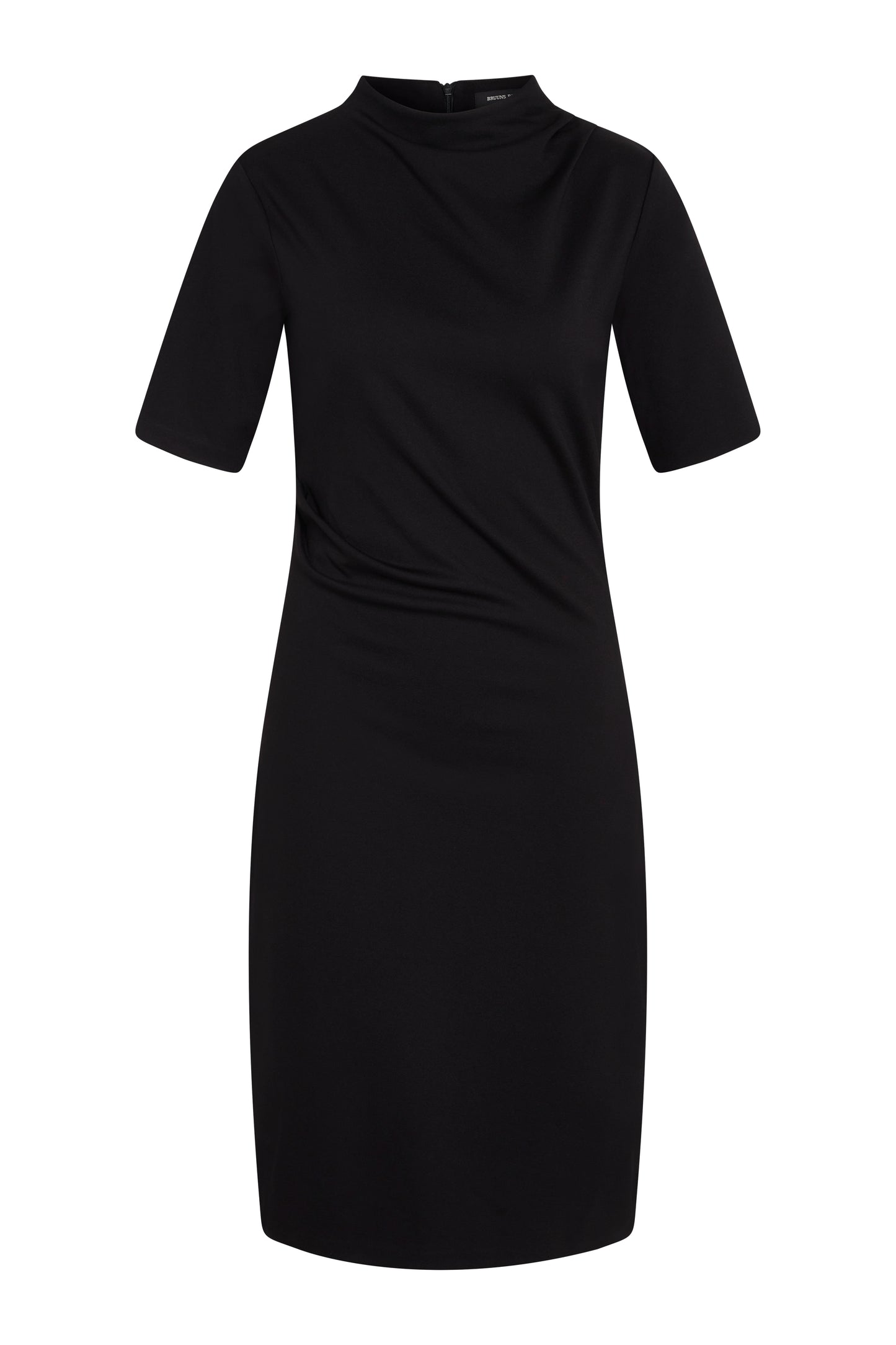 The Carol dress form Bruuns Bazaar is a fabulous piece to either wear for work or an occasion in a stretch fabric. In classic black . The round neck is ruched gentle at one side. A short sleeved jersey style piece perfect for work. There is ruching at the waist on one side to flatter any shape. The fit is true to size.