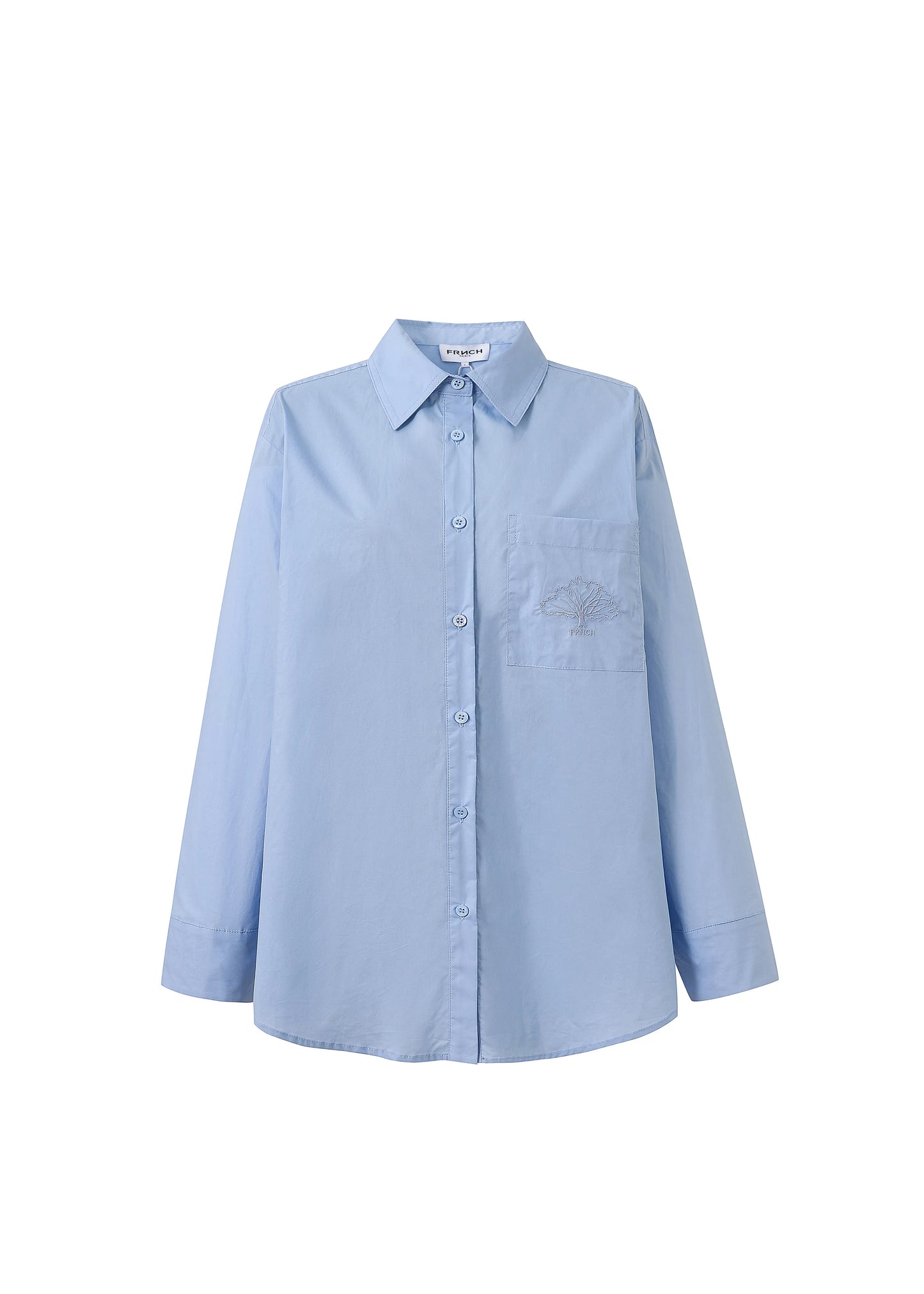 This crisp cotton shirt from Parisian brand FRNCH is a fabulous piece with that little point of difference. It has a neat shirt collar and button front. It's long sleeves have a wide cuff with no buttons. There is a single breast pocket with an embroidered FRNCH logo and tree in an embossed stitch. There are buttons at each side of the curved hem which can be worn open or shut. The fit is oversized.