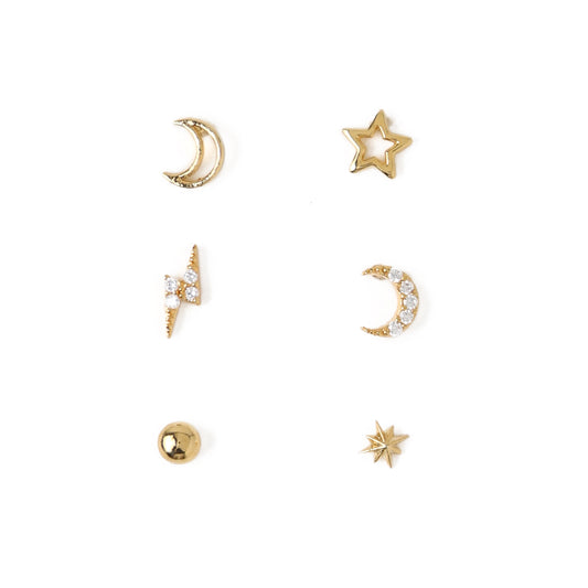 Mix & match your studs with our Celestial Stud 6 Pack Ear Party in Gold or silver from ORELIA LONDON. Featuring moons, a star, lightning bolt, starburst and classic ball stud, these celestial stud earrings can be worn with anything. These can we worn to accompany any ear look or on their own for a subtle and dainty touch. This set makes a gorgeous gift for any loved one. Please note, earrings are non-returnable unless faulty.