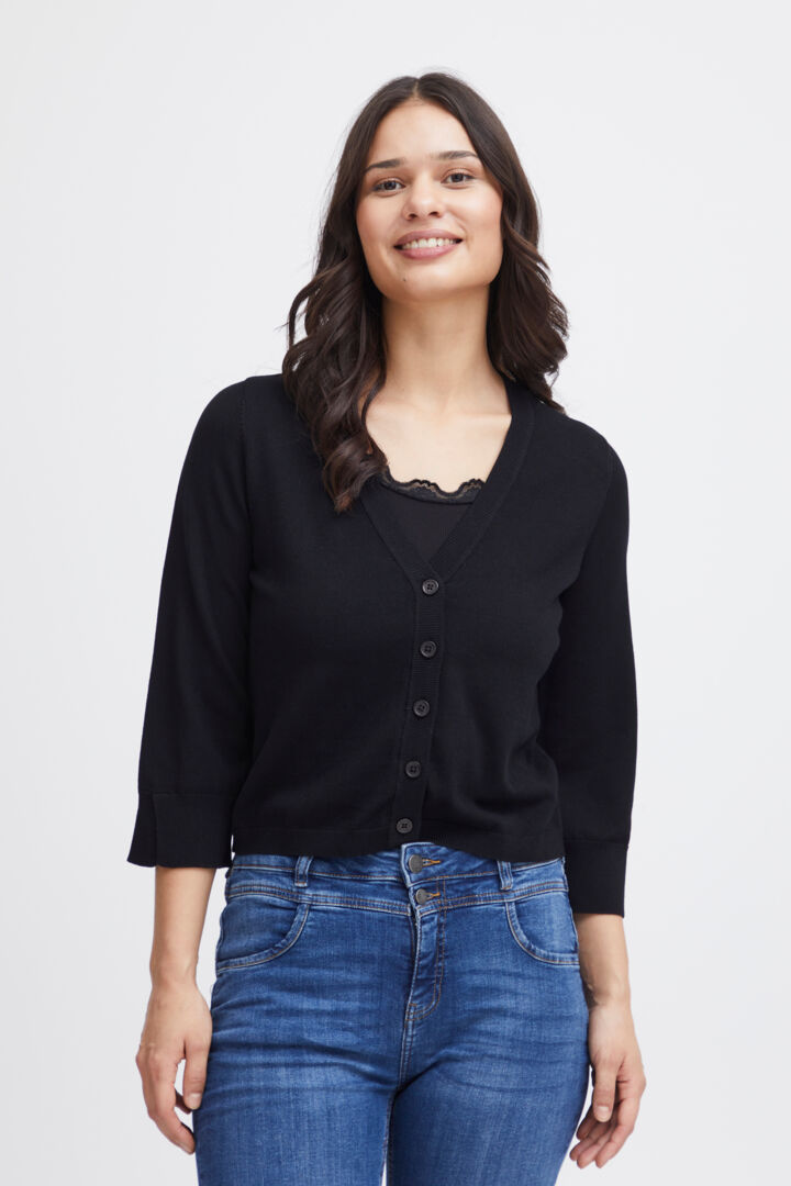 Elevate your wardrobe with the versatile Fransa Clia Cardigan, a simple yet stylish cropped piece from the beloved Scandi brand. Featuring a boxy fit and ribbed details on the cuffs and hem, this V-neck cardigan is finished with self-coloured buttons for a touch of timeless elegance. Trust us, this wardrobe staple will quickly become your go-to piece for any outfit.