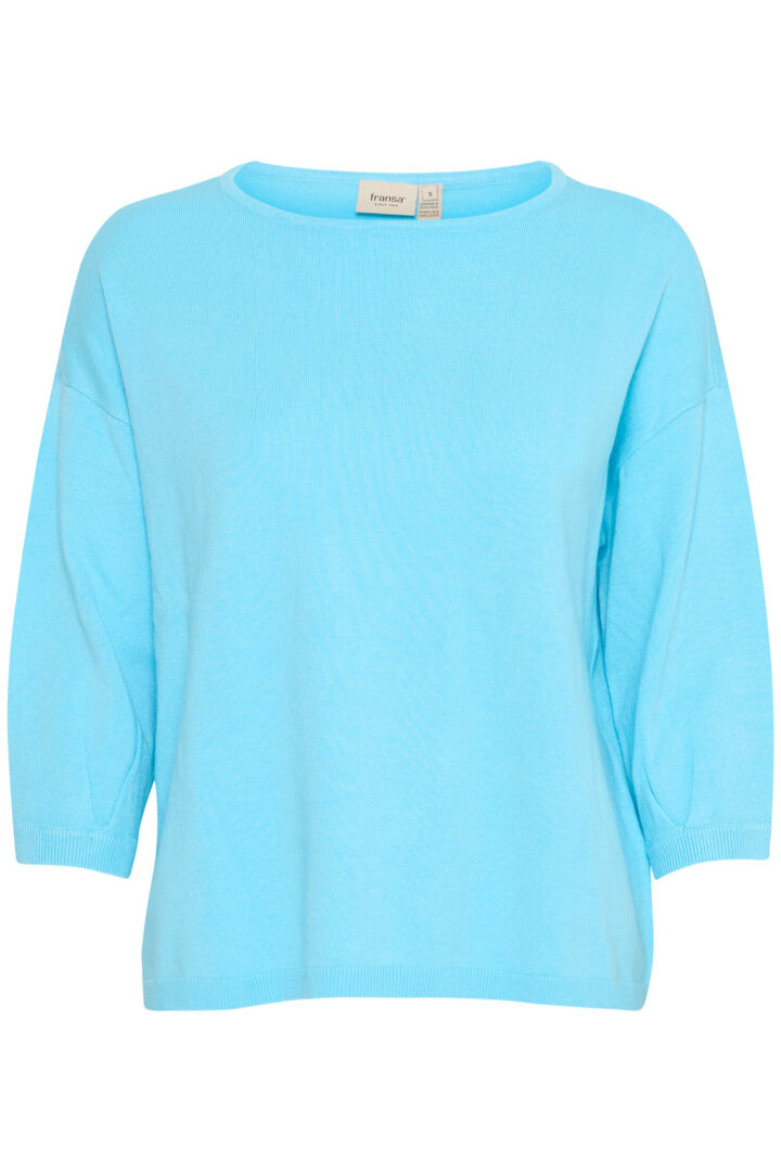 A superb knit from Scandi brand FRANSA which is perfect for now. A boxy fine knit in two vibrant colours to brighten any day. Simple in it's style this round neck knit is so easy to wear . The boxy shape with a straight hem and an elbow length sleeve with a single pleat front and back of the arm. The fit is true to size.