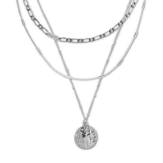 Pre-stacked ready to wear, this Multi Row Coin Necklace from ORELIA LONDON in Silver is the best accessory. Featuring a short figaro style chain, a beautiful satellite necklace with an etched detailed coin charm and finishing with a fine link chain necklace.