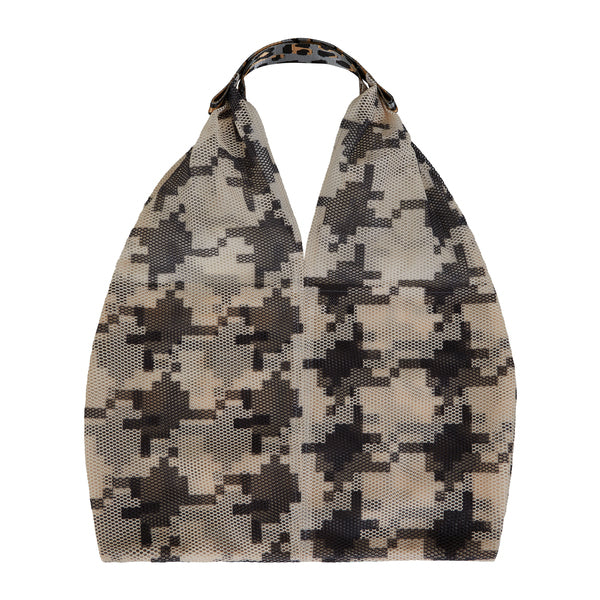 Mesh like string handbag shoulder bag in houndstooth or painters stripe printed design by coster copenhagen