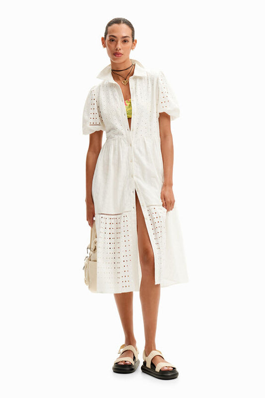 women's embroidered midi shirt dress in a poplin fabric with flora and geometric embroidery and openwork 