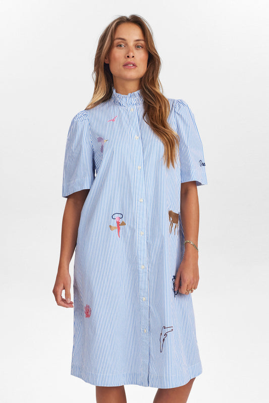 cool cotton A shaped shirt dress in blue and white stripe with embroidery