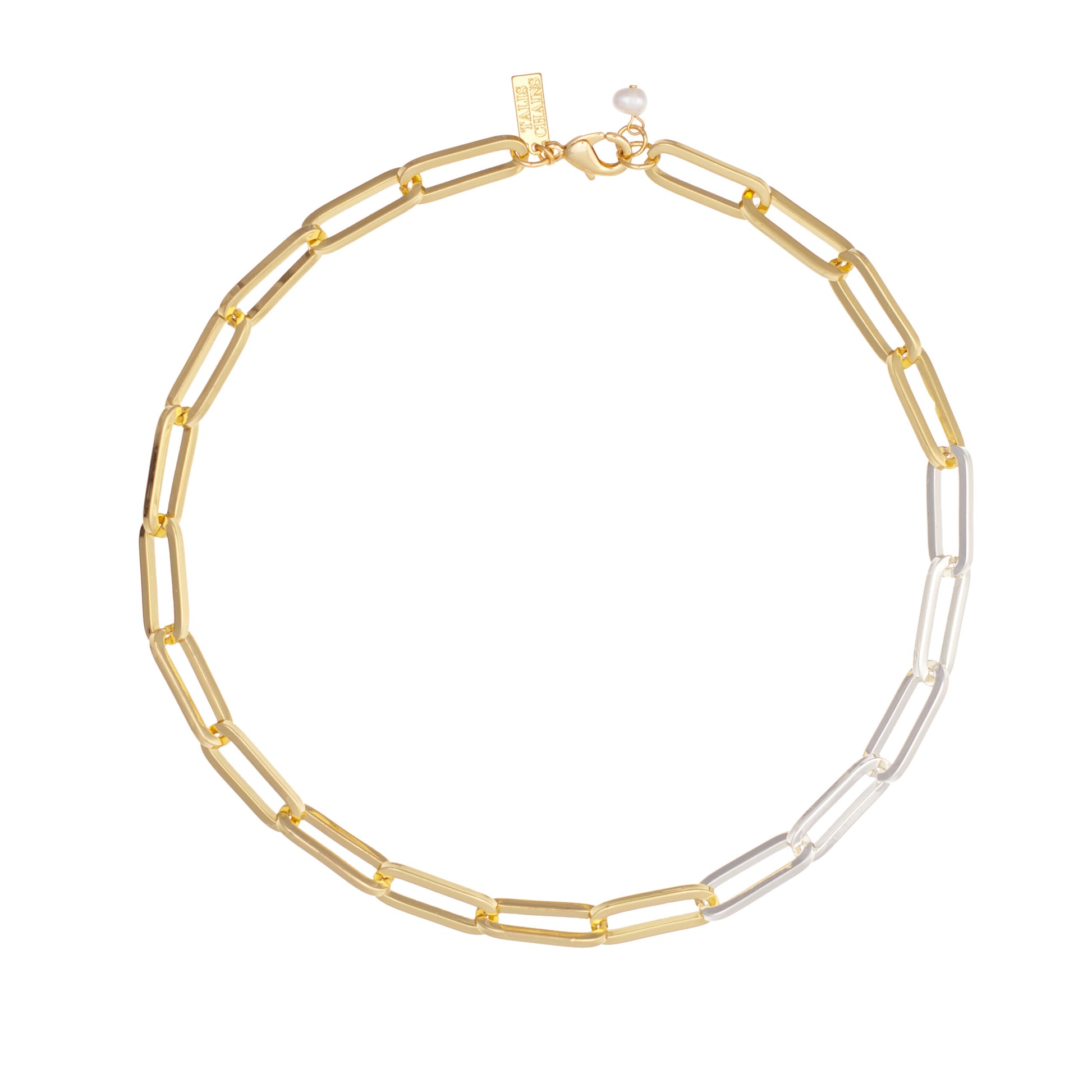 This Duo chain necklace from Talis Chains is the epitome of chic. With the mix of gold and silver links, its the perfect way to try on the mixed metal trend. Pair with the Claw Earrings for a finishing touch.
