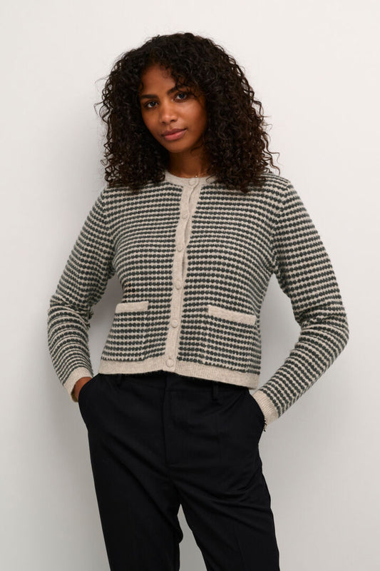 The KAEllery cardigan from Danish brand KAFFE is absolutely fabulous for workwear or casual wear. The shorter length button front knit with a contrast trim around the neckline, waist and pockets. A fabulous weight in a textured fabric. A classic style that we all love. The fit is true to size but boxy.