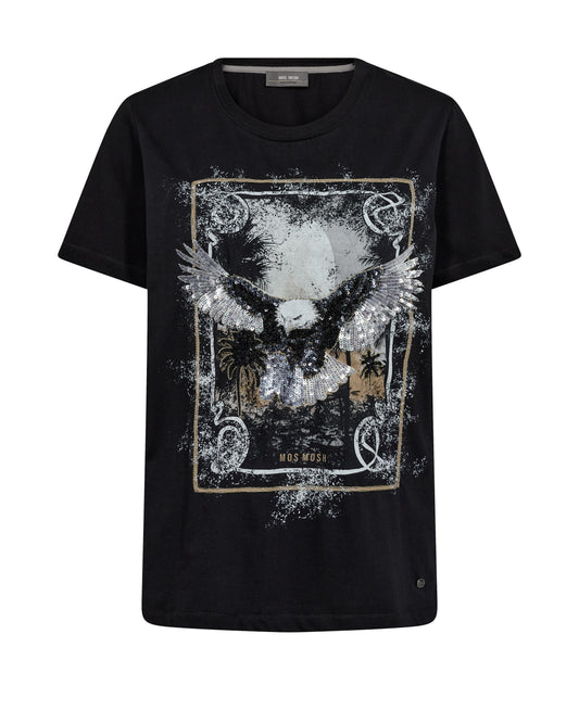 A great statement T shirt from Scandi brand MOS MOSH in a solid black with a large eagle logo with gold threads and sequins to give a textured look. Short sleeved and a straight hem complete this amazing piece. The fit is true to size.