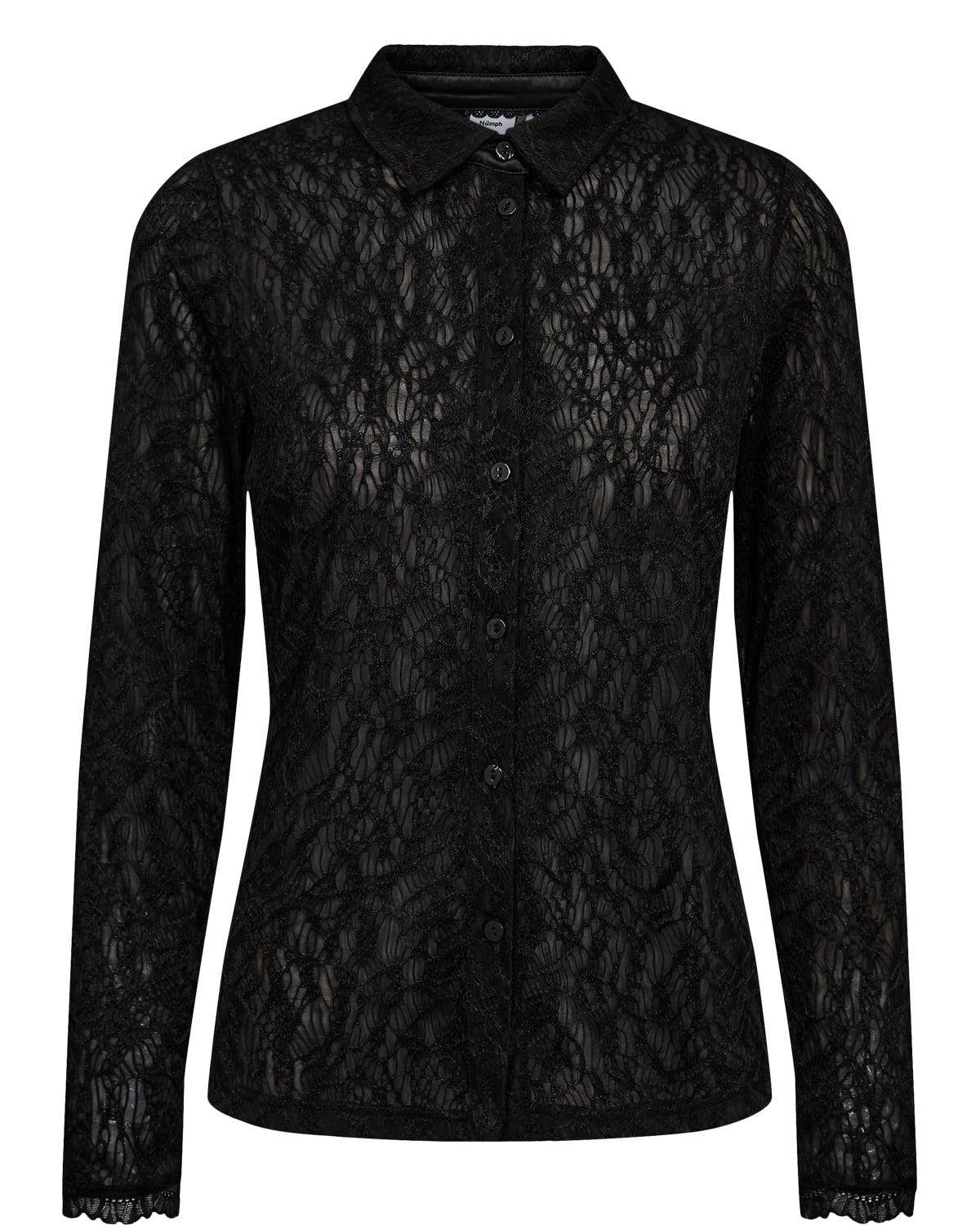 The NUEllinor blouse from Scandi brand NUMPH in simple black is a great dressy piece for any occasion. A shirt style piece in a lace effect fabric with a simple collar and button front. This would look fabulous with a smart trouser or jeans. The fit is true to size.