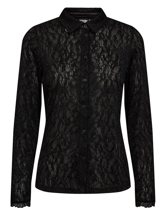 The NUEllinor blouse from Scandi brand NUMPH in simple black is a great dressy piece for any occasion. A shirt style piece in a lace effect fabric with a simple collar and button front. This would look fabulous with a smart trouser or jeans. The fit is true to size.