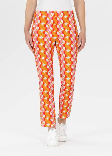 Light weight trouser in a fabulous bright print from Stehmann. Wear with tan, red , pink or white. Featuring a button front and stitching down the front of the leg. Super comfortable and the fit is true to size.