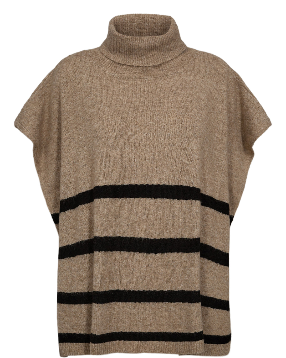 The NUnemba poncho style roll neck from Scandi brand NUMPH is in a great neutral combination that will mix and match with lots of other pieces. A sleeveless, drop shoulder knit with a polo neck is great worn over all black. This is an oversized piece in a super soft knit.