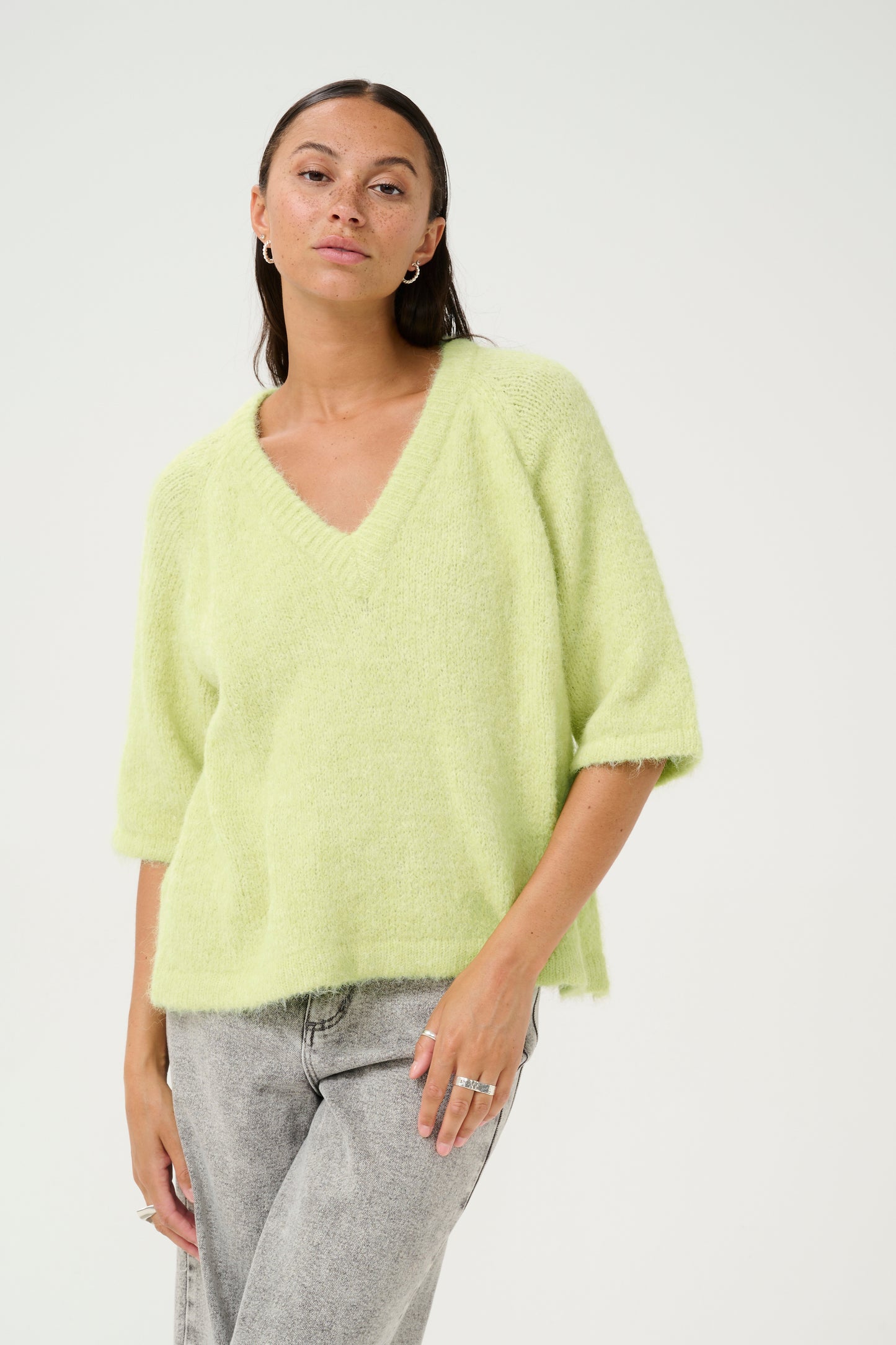 Fluffy V neck jumper for summer.