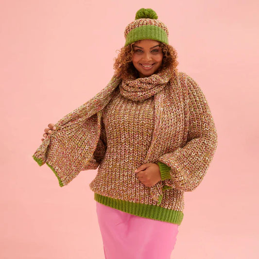 Fun colourful knitted accessories from CARA & THE SKY in our olive green and Tuti Fruti Twist, our knitted scarf is both chunky and soft and makes the perfect gift for yourself or your loved ones. The scarf is One Size.