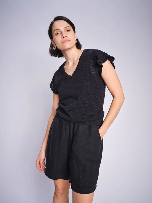 flattering V neck knitted organic cotton top with frilled sleeves