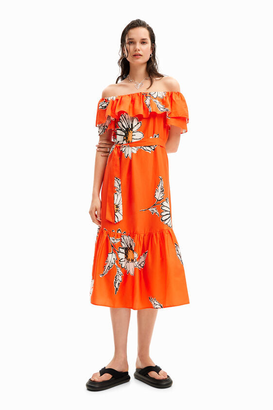 Georgeo (naranja) bardot style midi dress, orange summer dress 