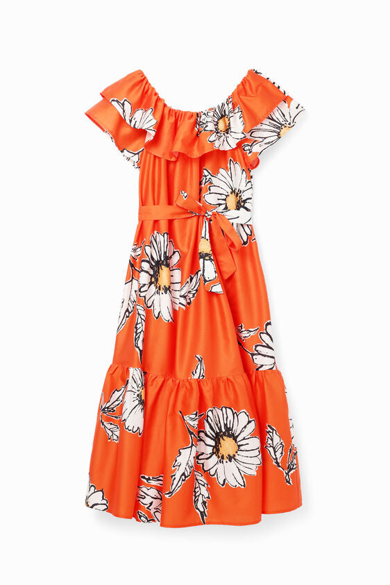 Georgeo (naranja) bardot style midi dress, orange summer dress 