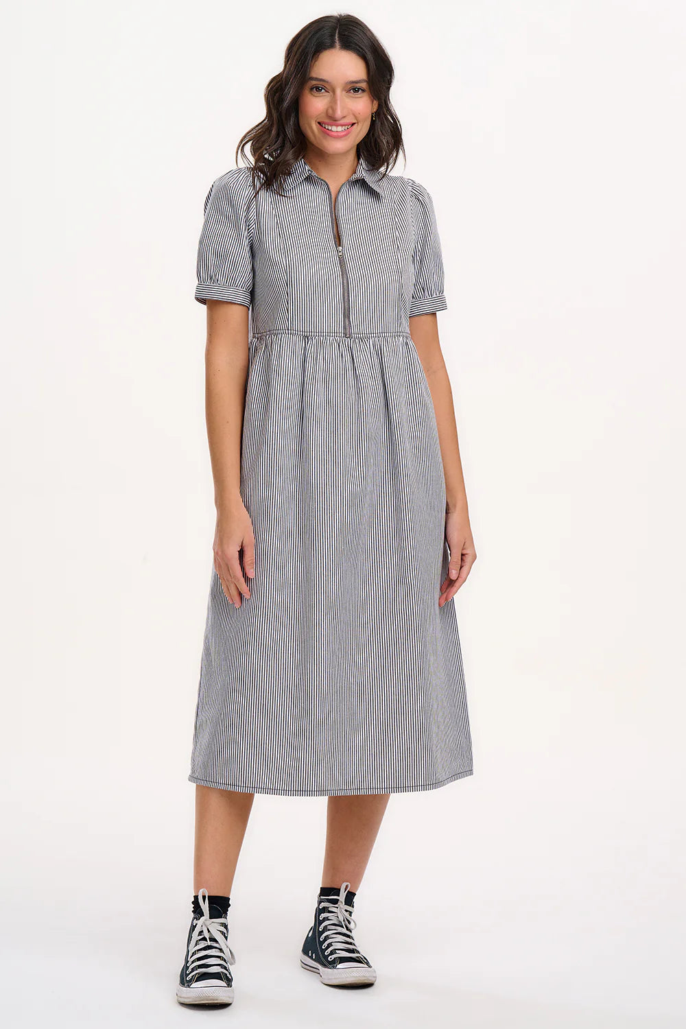 SUGARHILL "Gillian Midi Smock Dress" (Monochrome Stripe)