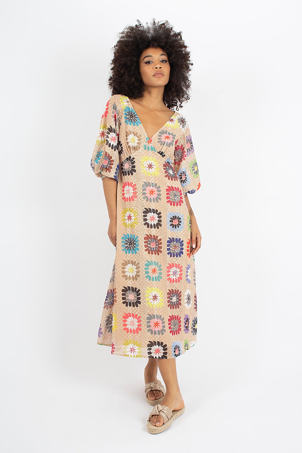 The Gloria in our multicoloured Gloria Catcher print from Traffic People is a gorgeous midi dress with a deep V-neck with gathering on the bust, beautiful 3/4 sleeves and elasticated cuffs. The stunning bold fabric makes it the perfect statement piece for Spring/Summer.