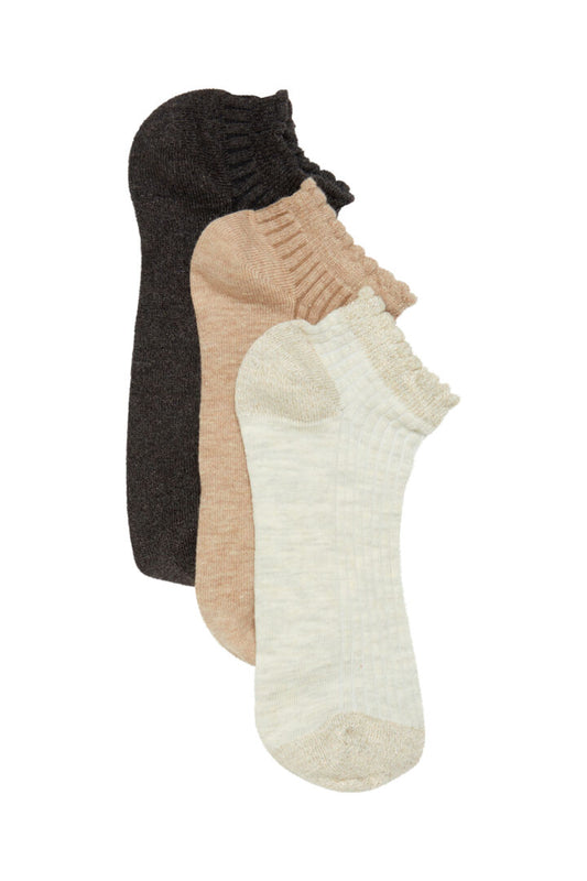 Indulge in the ultimate comfort with Fransa's triple pack of trainer socks, featuring one pair each in charcoal, beige, and cream. Made from ribbed fabric, the cream socks come with a metallic trim while the charcoal pair has subtle hints of lurex for a touch of sparkle. Designed for sizes 4-7, these socks are a must-have for any wardrobe.