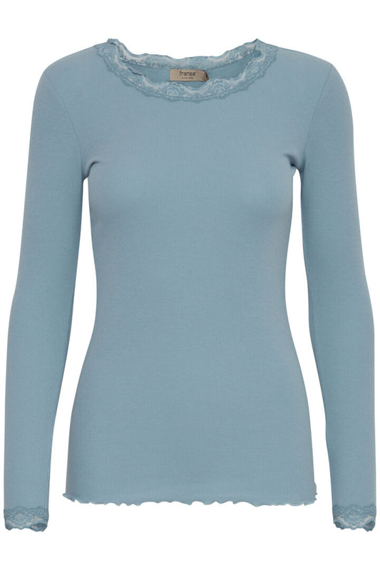 This great T shirt from Scandi brand Fransa is in a super soft fabric. The ribbed T is trimmed at the neck and the cuffs with a narrow band of lace. The long sleeves are also ribbed. Fantastic for layering, this piece is a must have for the new season. The fit is true to size for a fitted T shirt.