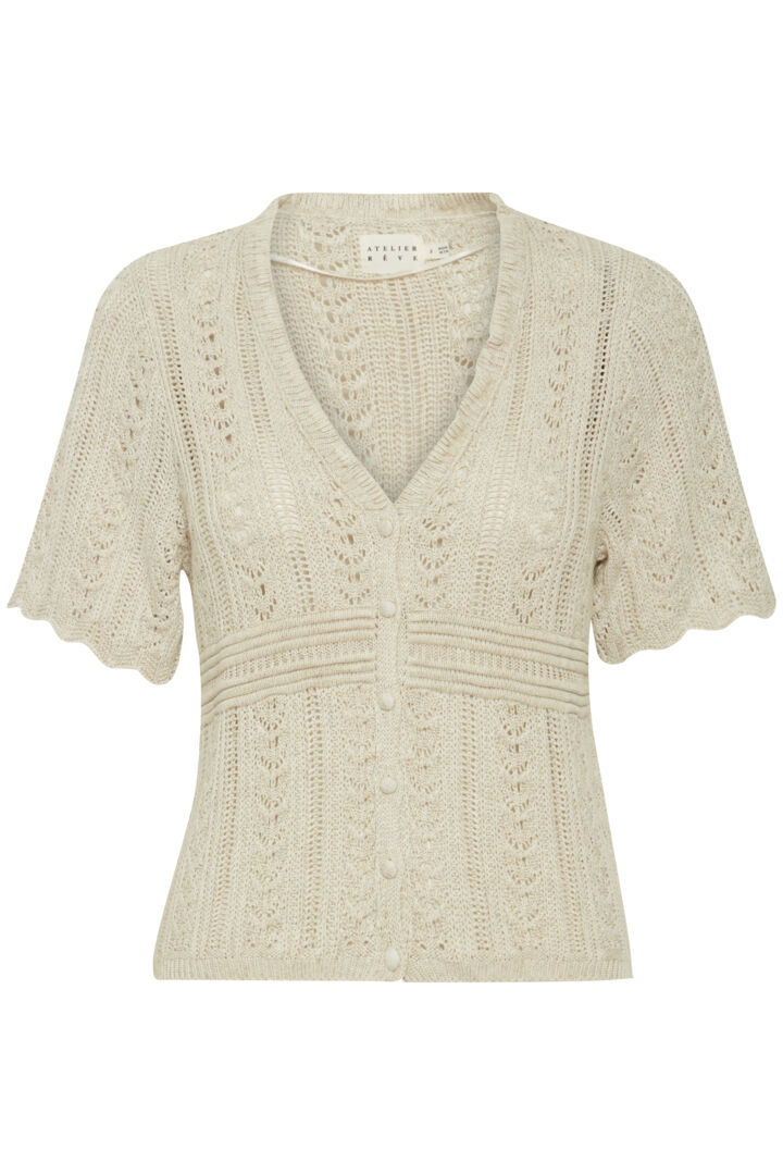 Experience true beauty and elegance with our Atelier Reve cardigan. This short sleeved V-neck piece features covered buttons and a textured filigree knit in a stunning neutral colour. From the exquisite detailing to the feminine design, this cardigan will make a perfect addition to any wardrobe. True to size in fit, don't miss out on this gorgeous must-have.
