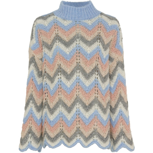 A super cosy funnel neck jumper from French brand Marta Du Chateau. This open knit piece is in a combination of pastel colours and it look fab with jeans. It has dropped shoulders and a scalloped cuff. It is a one size piece.